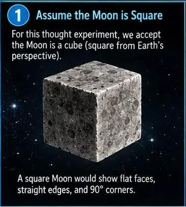 Figure 2: The popular form of the argument, panels 1–3. (1) The premise: the Moon is a cube, appearing square from the Earth (HER). (2) The Zetetic prediction: on a planar Earth beneath a Mo (panel 2 of 4)