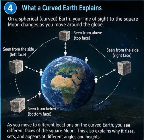 Figure 6: The popular form of the argument, panels 4–7. (4) On a spherical Earth, observers at different geocentric positions view the cube along different lines of sight; the faces they “se (panel 1 of 4)