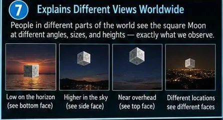 Figure 9: The popular form of the argument, panels 4–7. (4) On a spherical Earth, observers at different geocentric positions view the cube along different lines of sight; the faces they “se (panel 4 of 4)