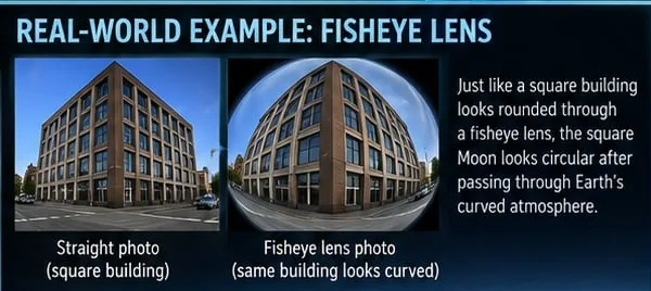 Figure 14: The popular form of the argument, examples and takeaways. Left: a rectilinear building under a fisheye lens; the mapping = f bends every off-axis straight edge (Section 4). Centre (panel 1 of 3)