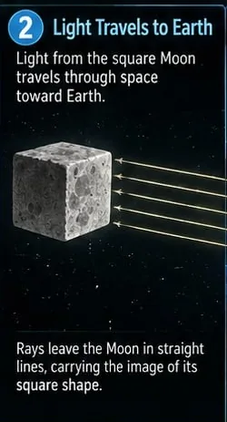 Figure 3: The popular form of the argument, panels 1–5. (1) The source: a Lambertian face of the cube (HER). (2) Free propagation, Section 2. (3) The atmosphere as a spherically stratified g (panel 3 of 6)