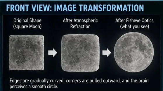 Figure 9: The popular form of the argument, side and front views. Left: rays from the square face bend through the stratified atmosphere towards the eye (Bouguer, Section 3). Right: the fron (panel 2 of 2)